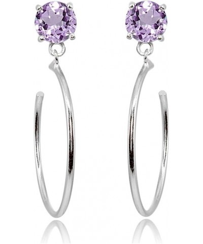 Sterling Silver 5mm Gemstone Dangling Round Half Hoop Stud Earrings Amethyst - Sterling Silver $13.33 Earrings