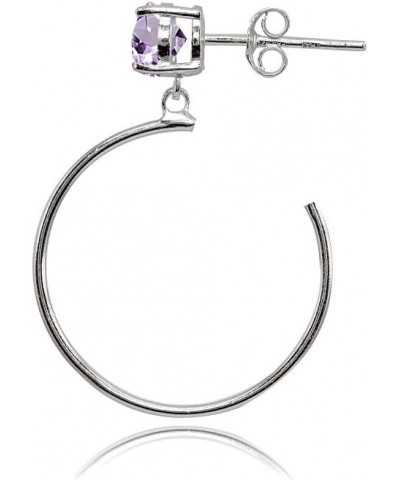 Sterling Silver 5mm Gemstone Dangling Round Half Hoop Stud Earrings Amethyst - Sterling Silver $13.33 Earrings