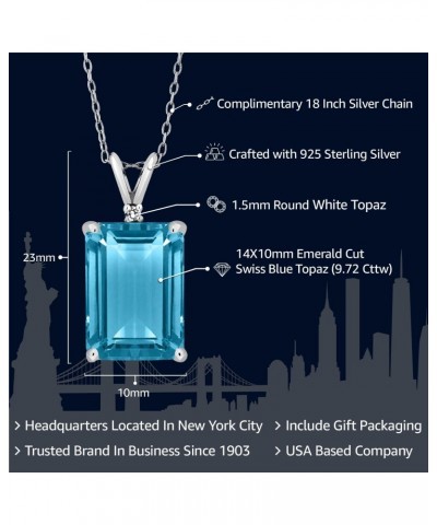 925 Silver Swiss Blue Topaz and White Topaz Pendant Necklace For Women (9.72 Cttw, Gemstone November Birthstone, Emerald Cut ...