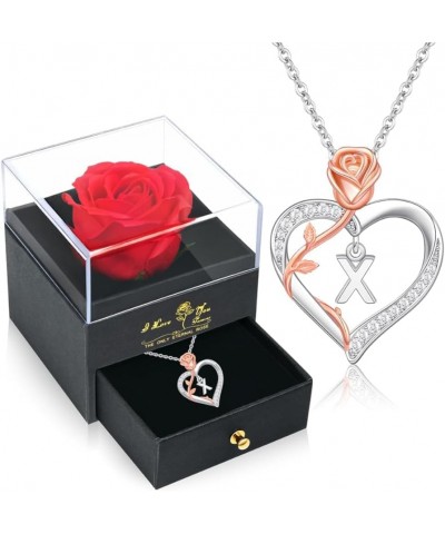 Rose Gift for Women Preserved Red Rose with I Love You Initial Necklace Eternal Love Letter Heart Pendant Necklace for Women ...