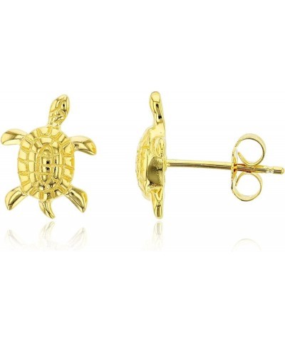 Solid 925 Sterling Silver Polished Sea Turtle Stud Earrings for Women and Girls | 12.5mm Gold Plated Hypoallergenic Studs Yel...