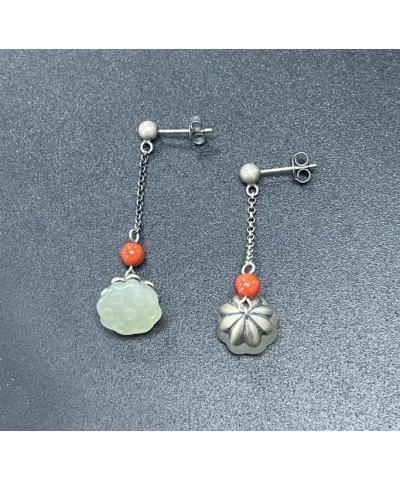 Chinese Style Dangle Earrings for Women Sterling Silver Natural Red Agate/Pearl/Jade Ethnic Drop Earrings Jewelry for Her Mot...