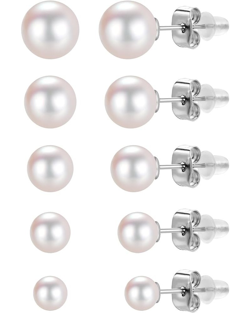 5 Pairs Pearl Earrings for Women Hypoallergenic Ball Studs Earrings Set Women 316L Surgical Steel Silver Pearl Earrings Birth...