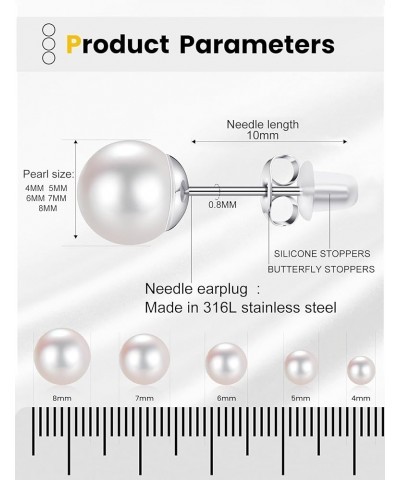 5 Pairs Pearl Earrings for Women Hypoallergenic Ball Studs Earrings Set Women 316L Surgical Steel Silver Pearl Earrings Birth...