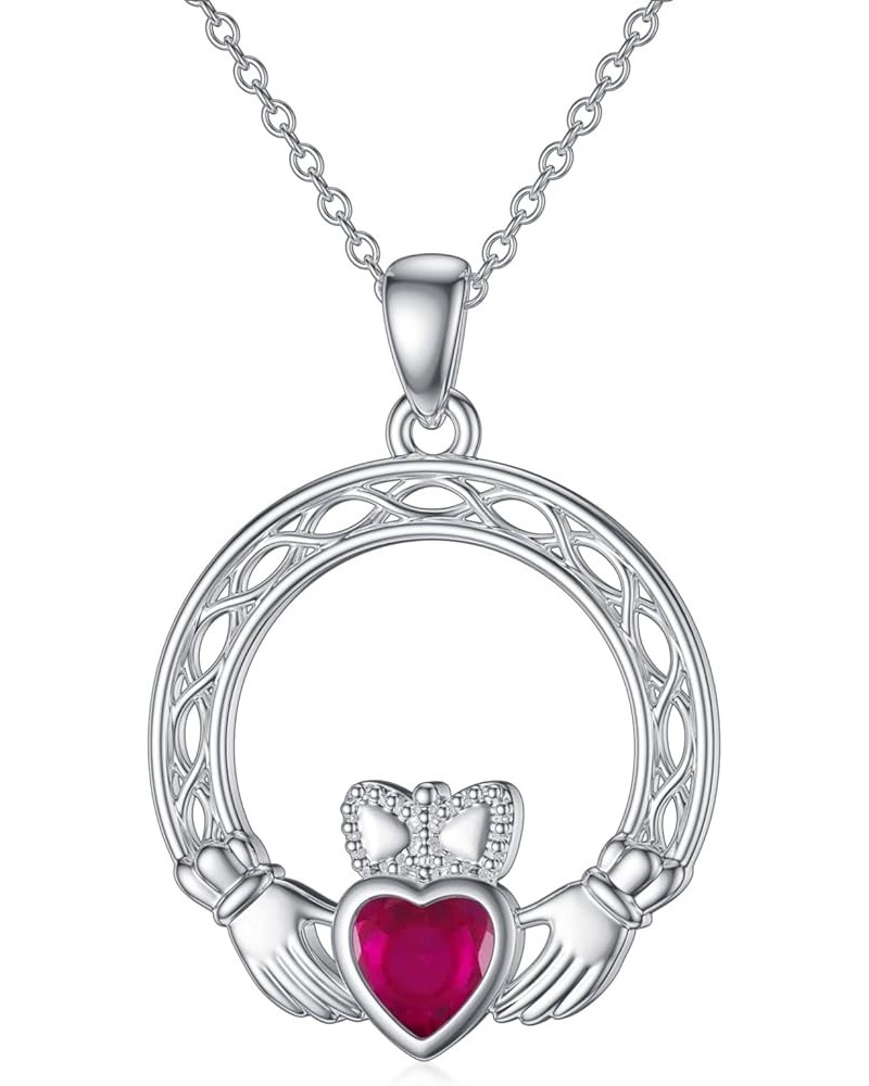 Claddagh Necklace with Simulated Birthstone 925 Sterling Silver Irish Hands Holding Crown Celtic Knot Love Heart Pendant Jewe...