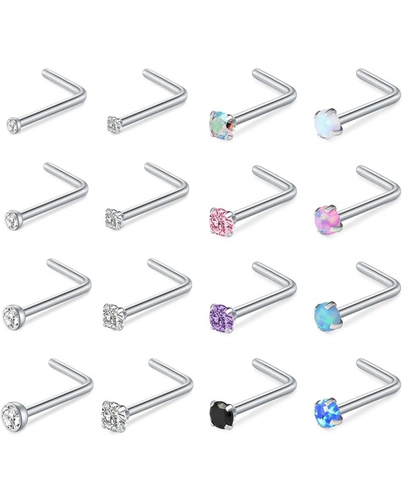 16Pcs 18/20G Stainless Steel Nose Ring Studs Hypoallergenic L Shaped Screw Nose Studs Rings CZ Nose Piercings Rings for Women...