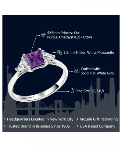 10K White Gold Purple Amethyst and White Moissanite from Charles & Colvard 3 Stone Engagement Ring For Women (0.97 Cttw, Febr...