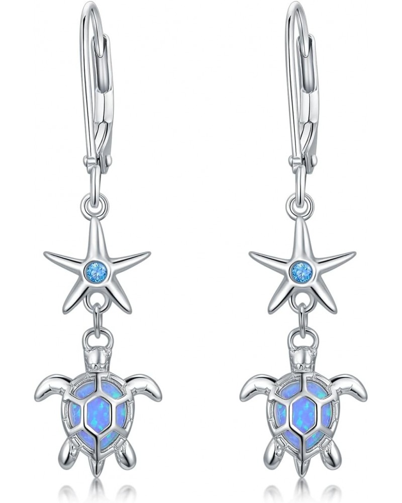 Turtle Earrings 925 Sterling Siver Starfish Leverback Earrings Blue Opal Sea Turtle Drop Dangle Earrings Ocean Jewelry Gift f...