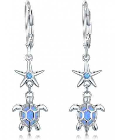 Turtle Earrings 925 Sterling Siver Starfish Leverback Earrings Blue Opal Sea Turtle Drop Dangle Earrings Ocean Jewelry Gift f...