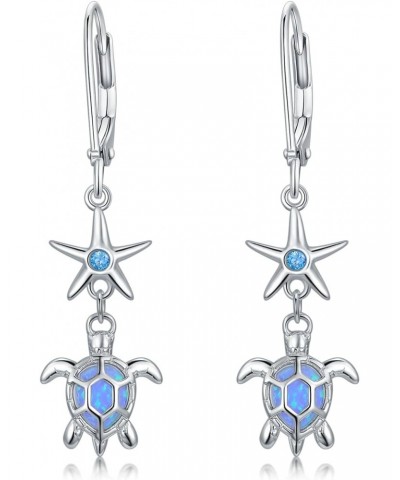 Turtle Earrings 925 Sterling Siver Starfish Leverback Earrings Blue Opal Sea Turtle Drop Dangle Earrings Ocean Jewelry Gift f...