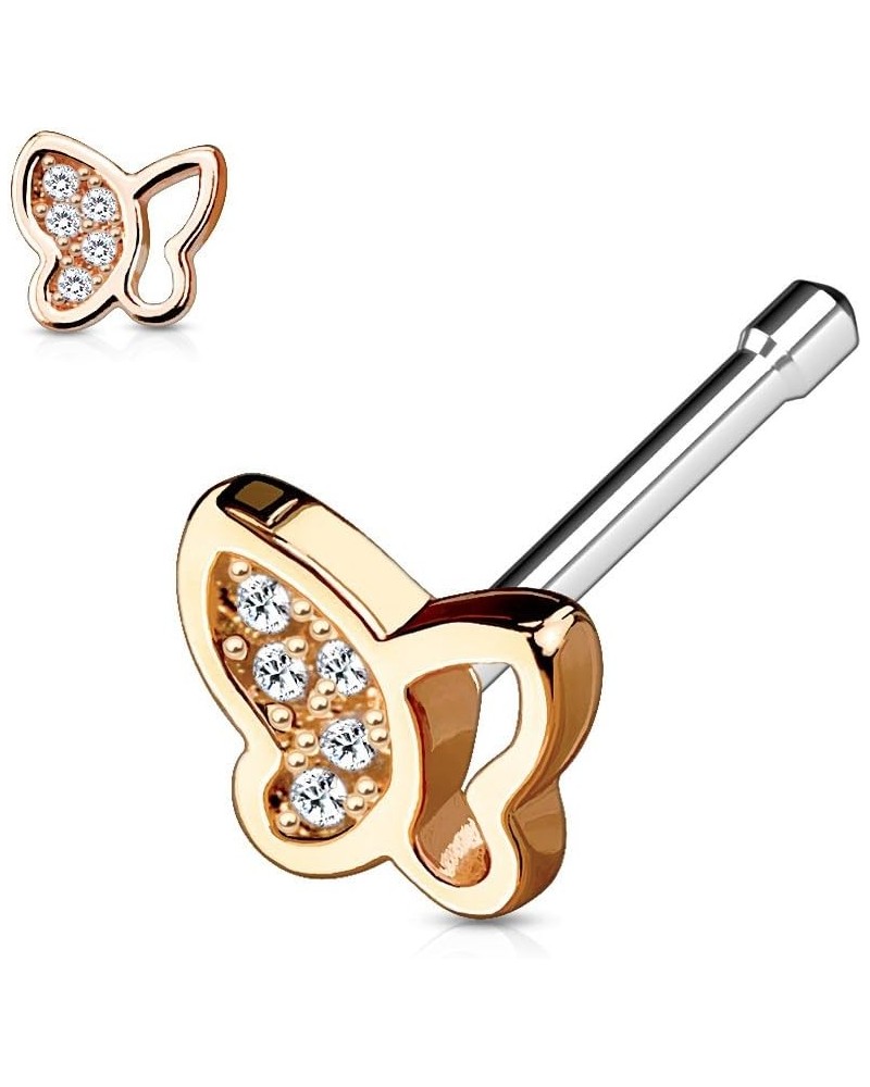 Hollow Half Paved CZ Butterfly Top 316L Surgical Steel WildKlass Nose Bone Stud Rings Rose Gold/Clear $11.54 Body Jewelry