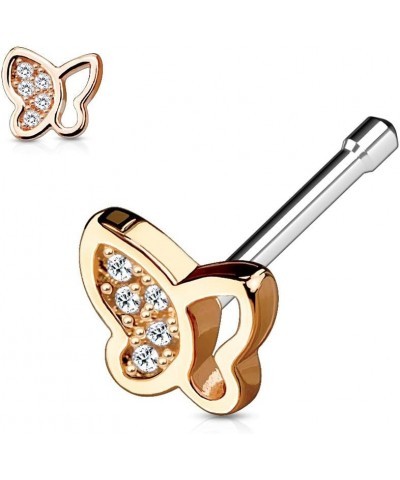 Hollow Half Paved CZ Butterfly Top 316L Surgical Steel WildKlass Nose Bone Stud Rings Rose Gold/Clear $11.54 Body Jewelry