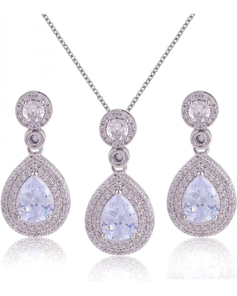 Cubic Zirconia Jewelry Set for Women - Round Teardrop CZ Crystal Dangle Earrings Pendant Necklace Bridal Jewelry Set for Wedd...