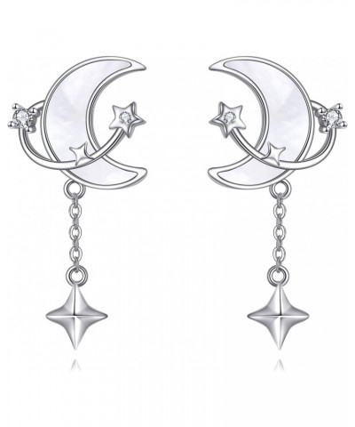 Moon and Star Earrings 925 Sterling Silver Moon Earrings Dangle Mother of Pearl Earrings Space Moon Jewelry Gifts for Women G...