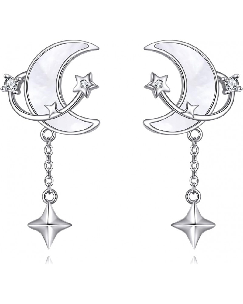 Moon and Star Earrings 925 Sterling Silver Moon Earrings Dangle Mother of Pearl Earrings Space Moon Jewelry Gifts for Women G...