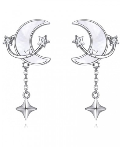 Moon and Star Earrings 925 Sterling Silver Moon Earrings Dangle Mother of Pearl Earrings Space Moon Jewelry Gifts for Women G...