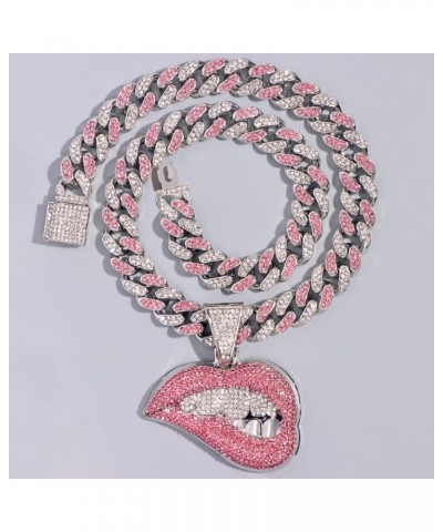 Iced Out Chain for Women Men, Cuban Link Chain, Hip Hop Pink Bite Lip Shape Pendant Necklace for Women with Bling Iced Out Si...