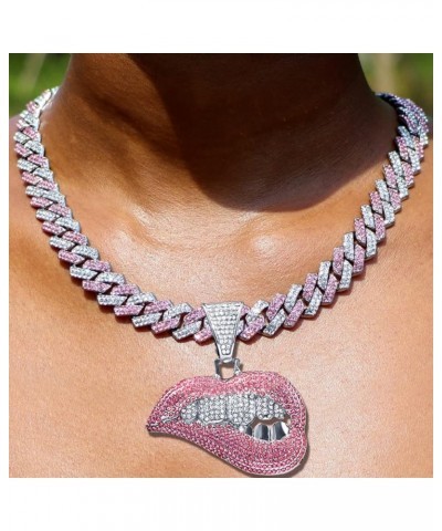 Iced Out Chain for Women Men, Cuban Link Chain, Hip Hop Pink Bite Lip Shape Pendant Necklace for Women with Bling Iced Out Si...