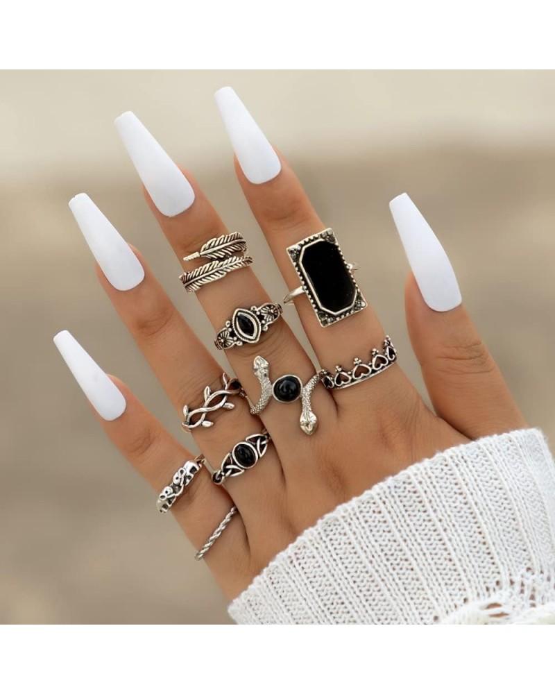 15 Pcs Vintage Silver Knuckle Ring Set for Women Hollow Lotus Geometry Black Gemstone Ring Set Retro Ladies Bohemian Stackabl...