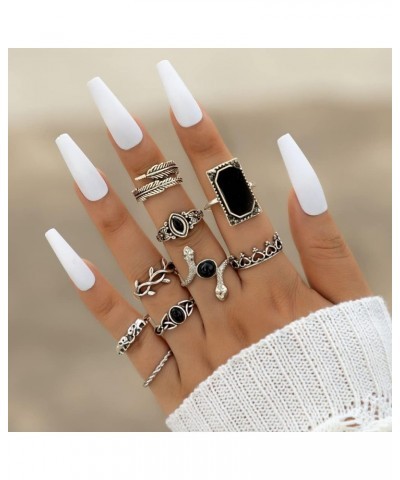 15 Pcs Vintage Silver Knuckle Ring Set for Women Hollow Lotus Geometry Black Gemstone Ring Set Retro Ladies Bohemian Stackabl...