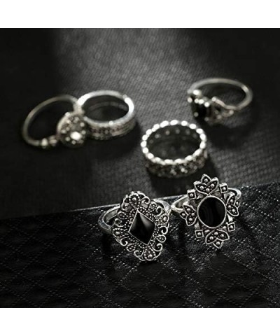 15 Pcs Vintage Silver Knuckle Ring Set for Women Hollow Lotus Geometry Black Gemstone Ring Set Retro Ladies Bohemian Stackabl...