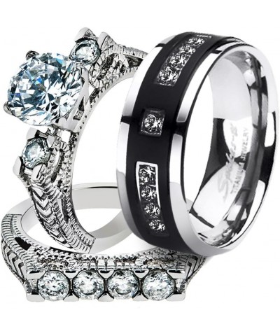 His and Her Stainless Steel 2.95 Carat Cubic Zirconia Bridal Set and Men's Titanium Wedding Band Women's Size 08 Men's Size 1...