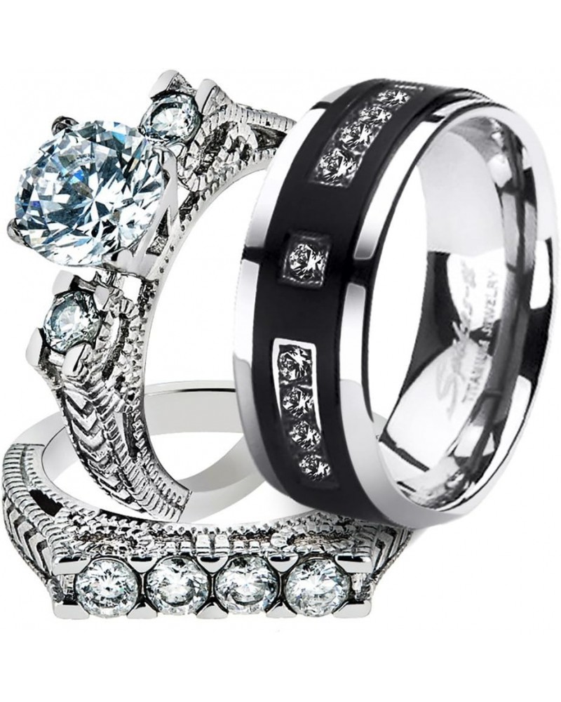 His and Her Stainless Steel 2.95 Carat Cubic Zirconia Bridal Set and Men's Titanium Wedding Band Women's Size 08 Men's Size 1...