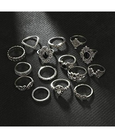 15 Pcs Vintage Silver Knuckle Ring Set for Women Hollow Lotus Geometry Black Gemstone Ring Set Retro Ladies Bohemian Stackabl...