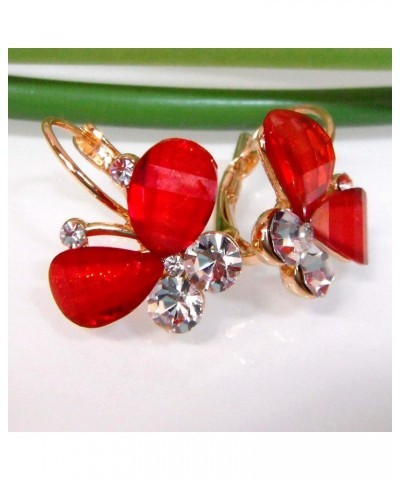 18k Gold Plated White Crystal Acetate Flying Butterfly Leverback Earrings Red $9.51 Earrings