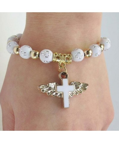 White Rosary Beads Bracelet Angel Wings Crucifix Medal Catholic Religious Prayer Handmade Christian First Communion Holy Conf...