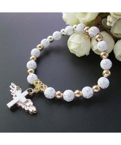 White Rosary Beads Bracelet Angel Wings Crucifix Medal Catholic Religious Prayer Handmade Christian First Communion Holy Conf...