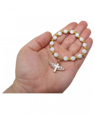 White Rosary Beads Bracelet Angel Wings Crucifix Medal Catholic Religious Prayer Handmade Christian First Communion Holy Conf...