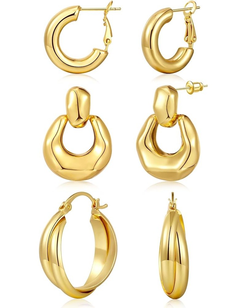 Chunky Gold Hoop Earrings for Women 3 Pairs Thick Gold Hoops 14K Gold Plated Trendy Earrings Set for Girls Gift Lightweight S...