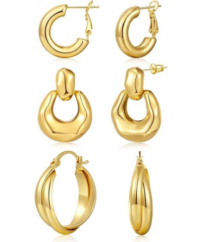 Chunky Gold Hoop Earrings for Women 3 Pairs Thick Gold Hoops 14K Gold Plated Trendy Earrings Set for Girls Gift Lightweight S...