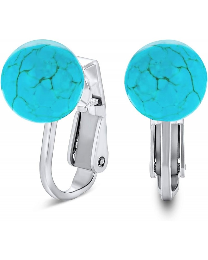 Simple Gemstone Round Bead Ball Stud Clip On Earrings For Women Non Piercing .925 Sterling Silver Birthstone Colors 8MM Aqua ...