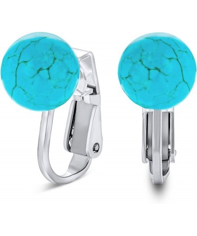 Simple Gemstone Round Bead Ball Stud Clip On Earrings For Women Non Piercing .925 Sterling Silver Birthstone Colors 8MM Aqua ...