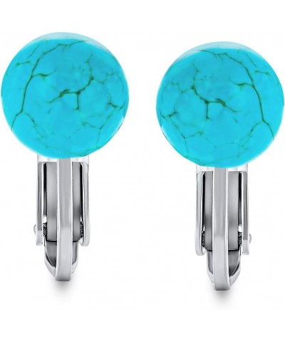 Simple Gemstone Round Bead Ball Stud Clip On Earrings For Women Non Piercing .925 Sterling Silver Birthstone Colors 8MM Aqua ...