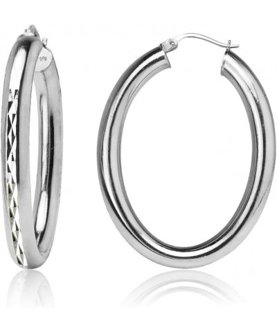 925 Sterling Silver 4.5mm Thick Oval Diamond-Cut Hoop Earrings, 25mm 30mm, Silver, Yellow Gold, Rose Gold & Black Silver 30mm...