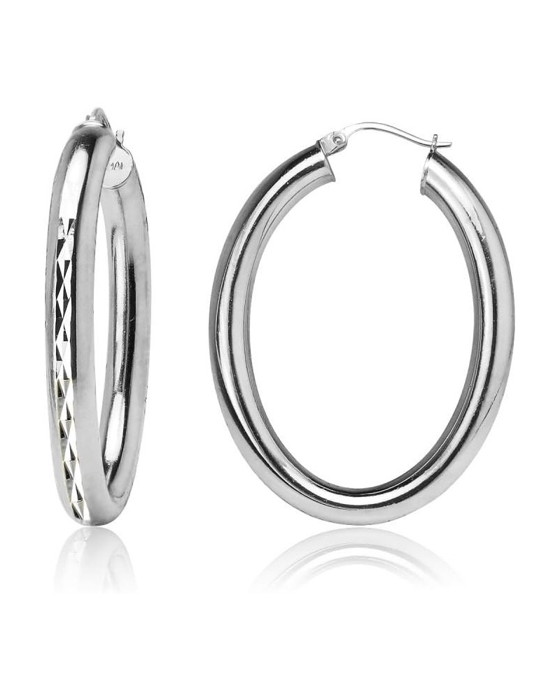 925 Sterling Silver 4.5mm Thick Oval Diamond-Cut Hoop Earrings, 25mm 30mm, Silver, Yellow Gold, Rose Gold & Black Silver 30mm...