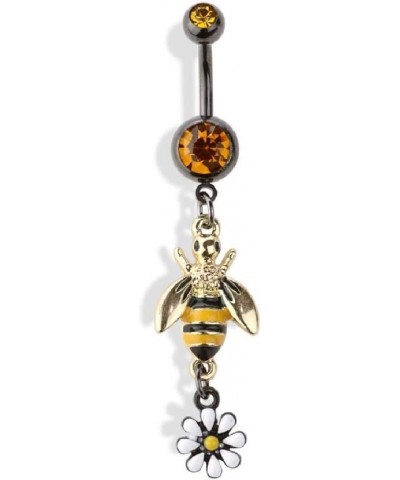 14GA Double Jeweled Bumblebee with Flower Dangle 316L Surgical Stainless Steel Navel Belly Button Ring $11.24 Body Jewelry