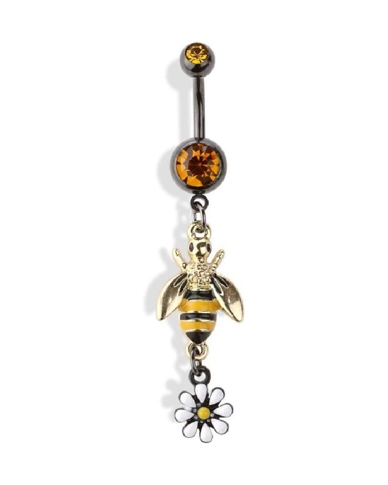 14GA Double Jeweled Bumblebee with Flower Dangle 316L Surgical Stainless Steel Navel Belly Button Ring $11.24 Body Jewelry