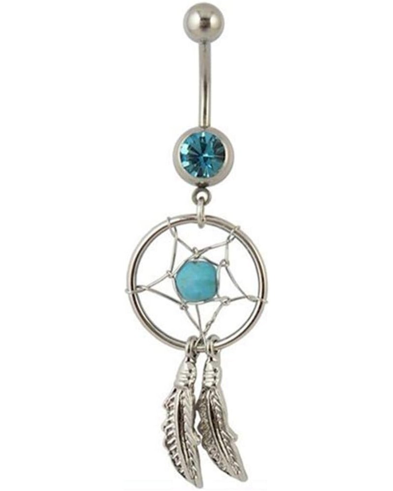 Blue Crystal Barbell Dream Catcher Dangle Navel Piercing Ring, 11mm Length, 1.6mm Bar Diameter, Surgical Steel, Polished Surf...