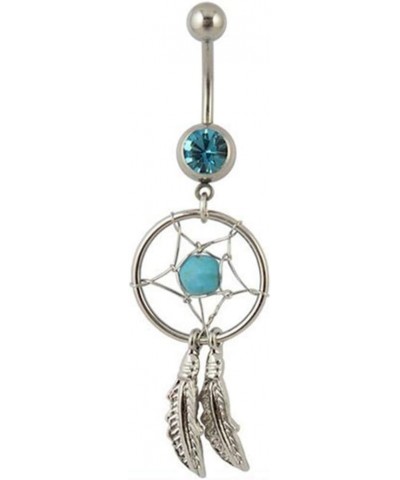 Blue Crystal Barbell Dream Catcher Dangle Navel Piercing Ring, 11mm Length, 1.6mm Bar Diameter, Surgical Steel, Polished Surf...