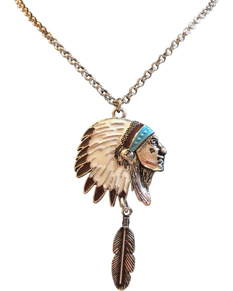 Silver Painted Indian Chief Headdress Pendant, with Feather Detail Gift Boxed $10.12 Necklaces