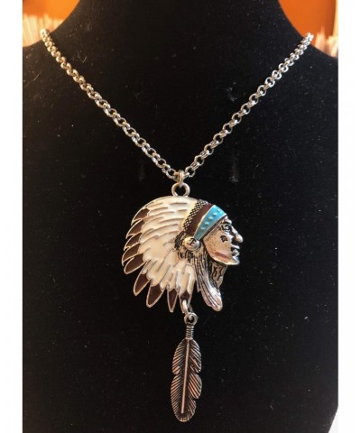 Silver Painted Indian Chief Headdress Pendant, with Feather Detail Gift Boxed $10.12 Necklaces