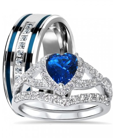 His Hers Sterling Blue Sapphire CZ Bridal Wedding Band Engagement Ring Set Him Her Thin Blue Line Her 12 - His 10 $42.75 Sets