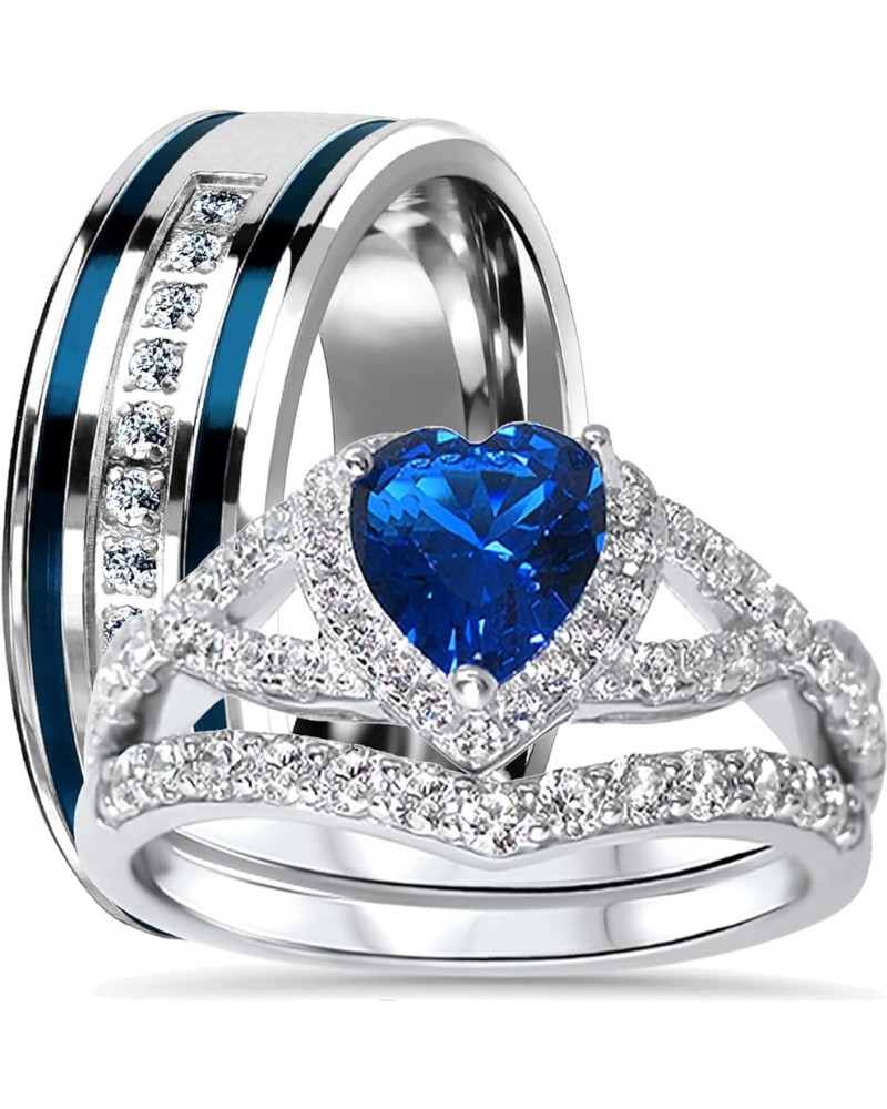 His Hers Sterling Blue Sapphire CZ Bridal Wedding Band Engagement Ring Set Him Her Thin Blue Line Her 12 - His 10 $42.75 Sets