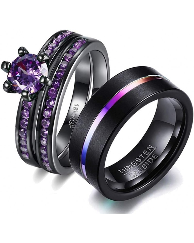 wedding ring set His Hers Couples Matching Rings Women's 18k Black Gold Filled Violet CZ Wedding Engagement Ring Bridal Sets ...