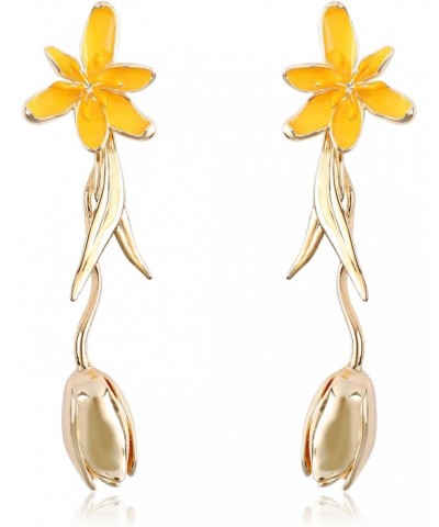 Gold Tulip Flower Earrings for Women Elegant Long Dangle Gold Plated Yellow Petal Floral Earrings Drop Climb Leaf Blossom Tul...