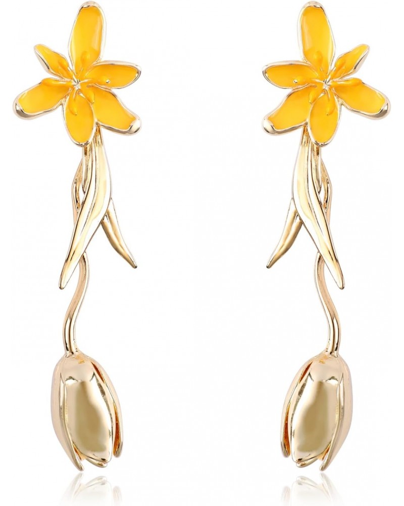 Gold Tulip Flower Earrings for Women Elegant Long Dangle Gold Plated Yellow Petal Floral Earrings Drop Climb Leaf Blossom Tul...